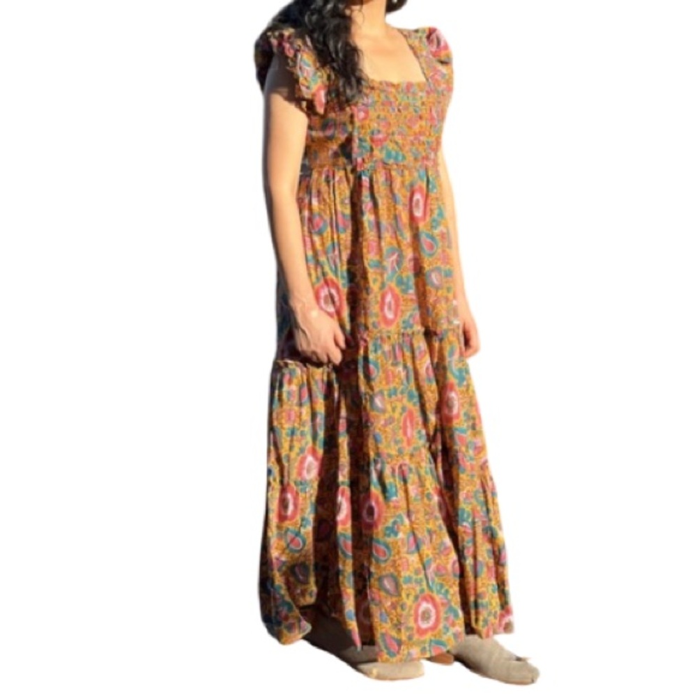 NWT House Of Harlow 1960 Jackie Mustard Floral Print Smocked Maxi Dress